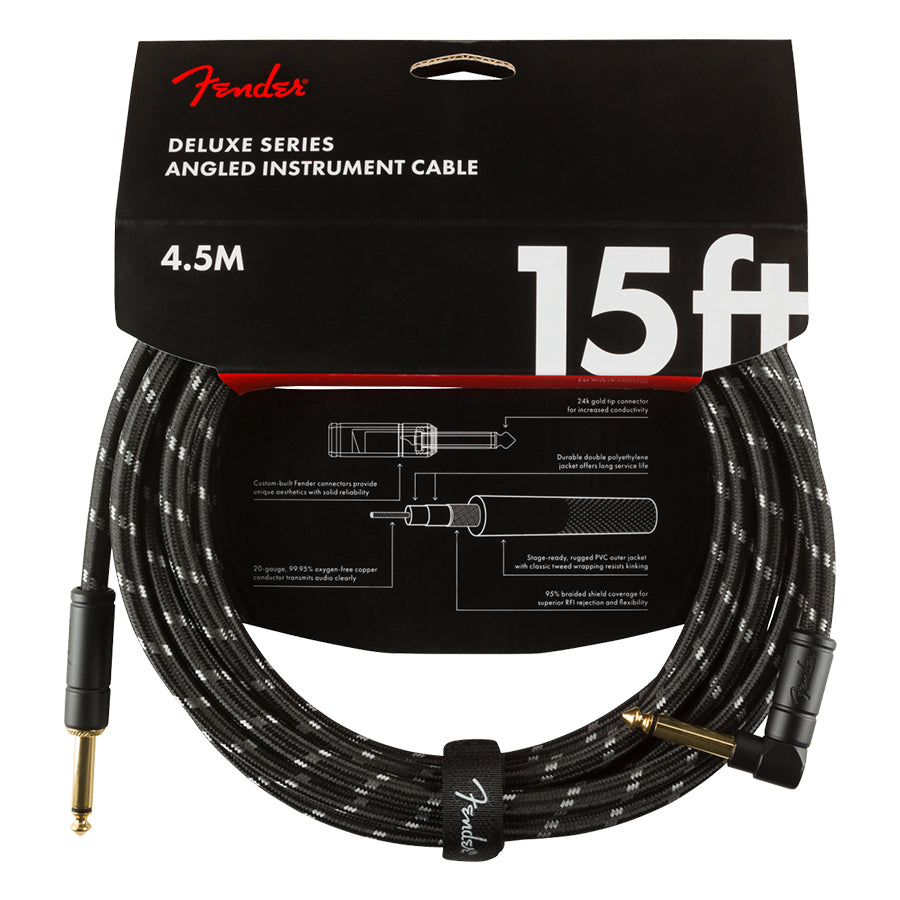 Fender Deluxe Instrument Cable 15' Angled Black Tweed