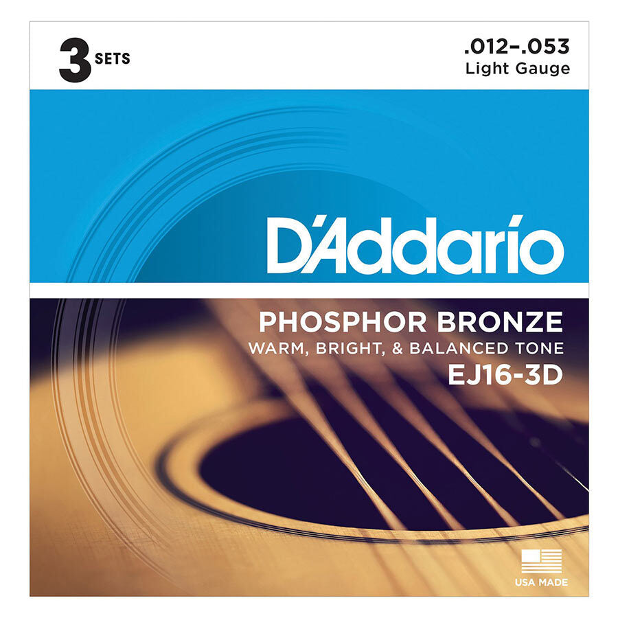 D'Addario EJ16 12-53 3Pk Light Phosphor Bronze Strings
