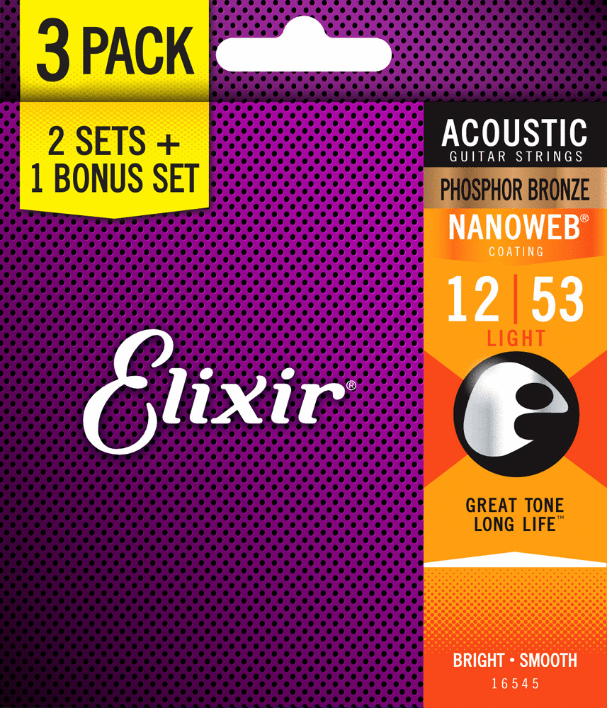 Elixir Acoustic 2+1 Bonus Pack Phosphor Bronze Nanoweb Strings [Gauge: 12 - 53]